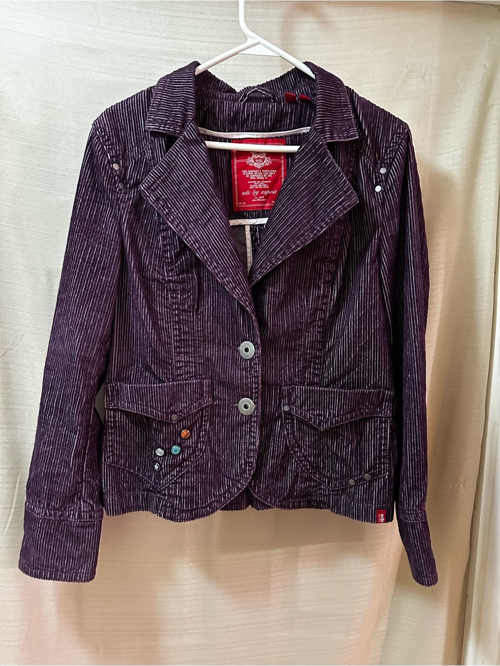 EDC by Esprit Y2K Purple Corduroy Blazer Jacket Metal Pins Hardware 2000s